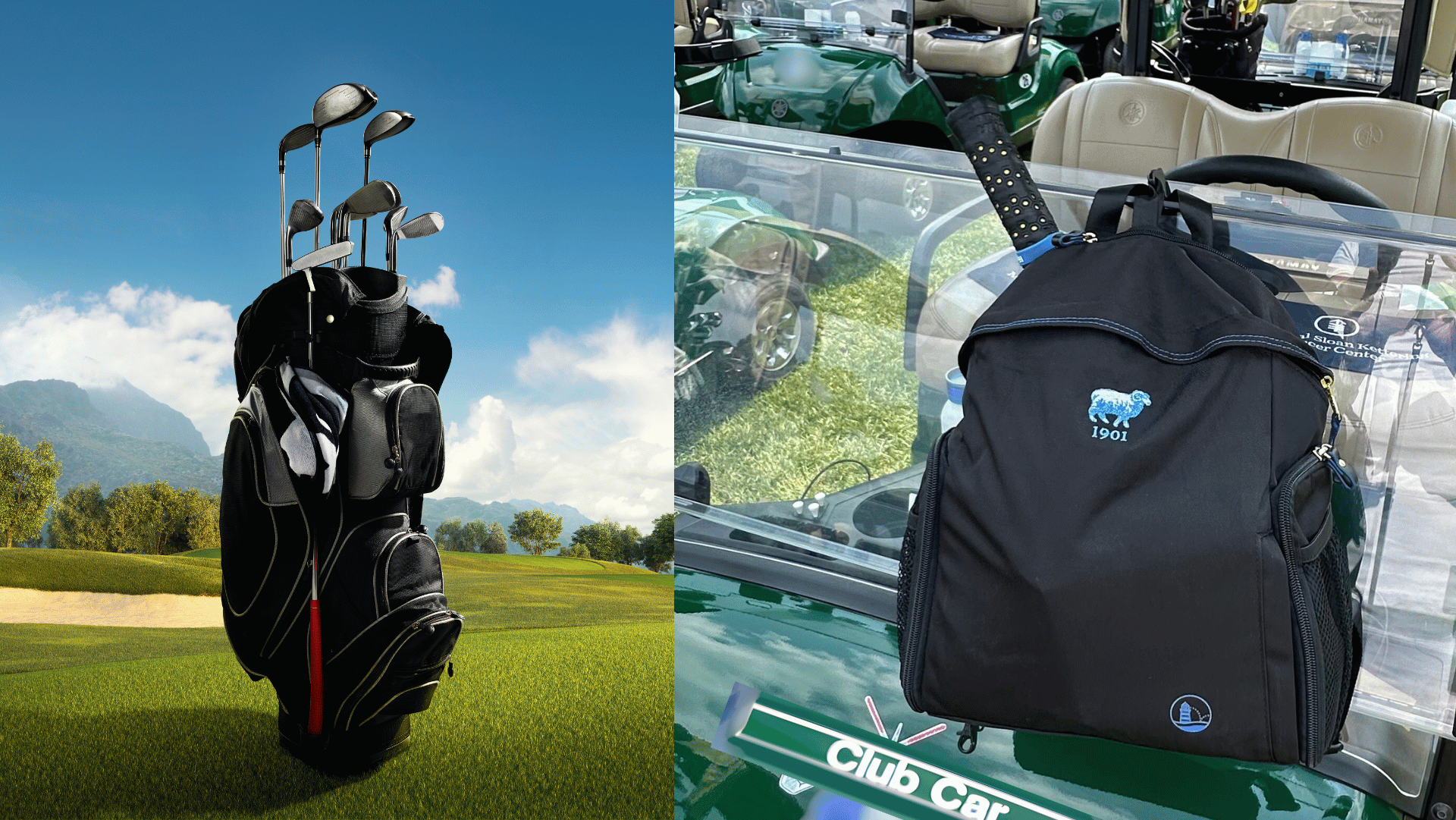 split screen with golf bag on course on left and black ladies' pickleball backpack on golf cart on right