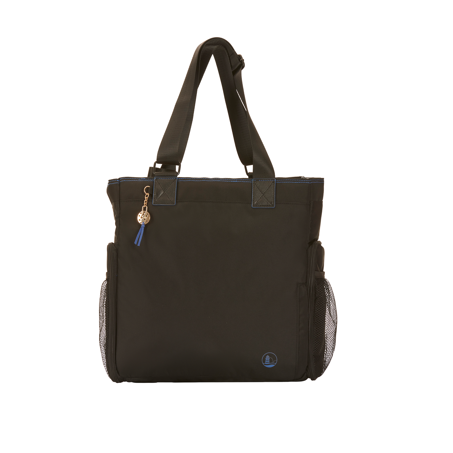 Women’s Black designer Pickleball Tote with peri blue stitching & logo, elegant gold tone PB charm & zipper pulls