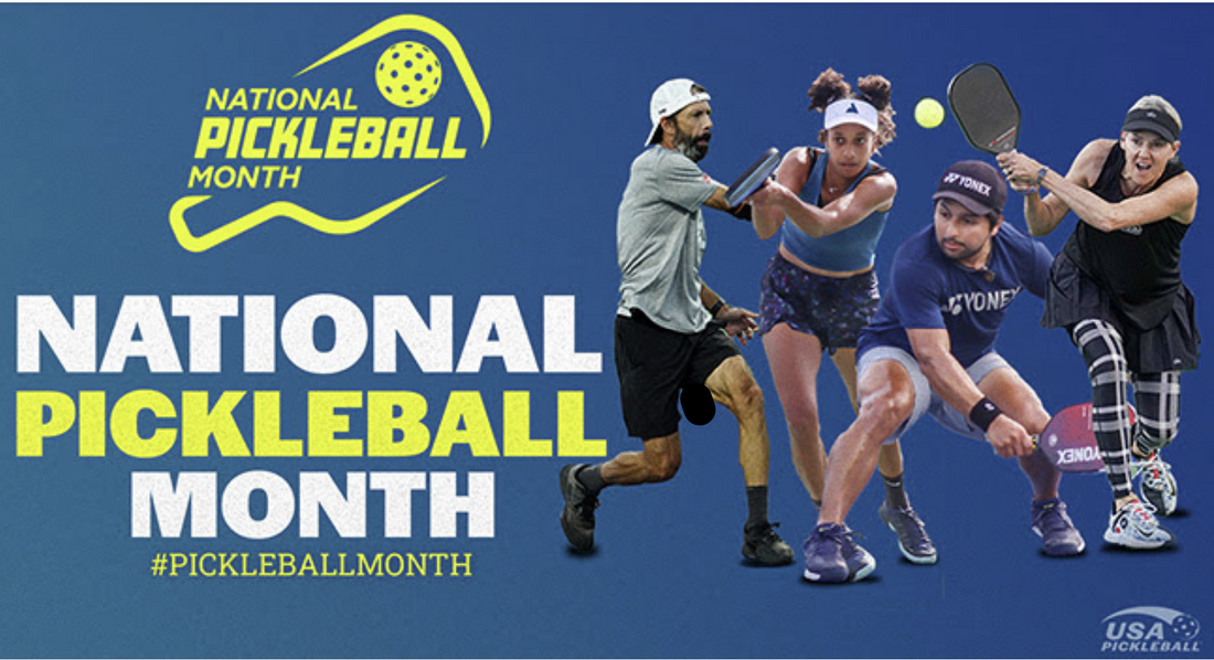 National Pickleball Month image showing four players midswing and the marketing logo for the month