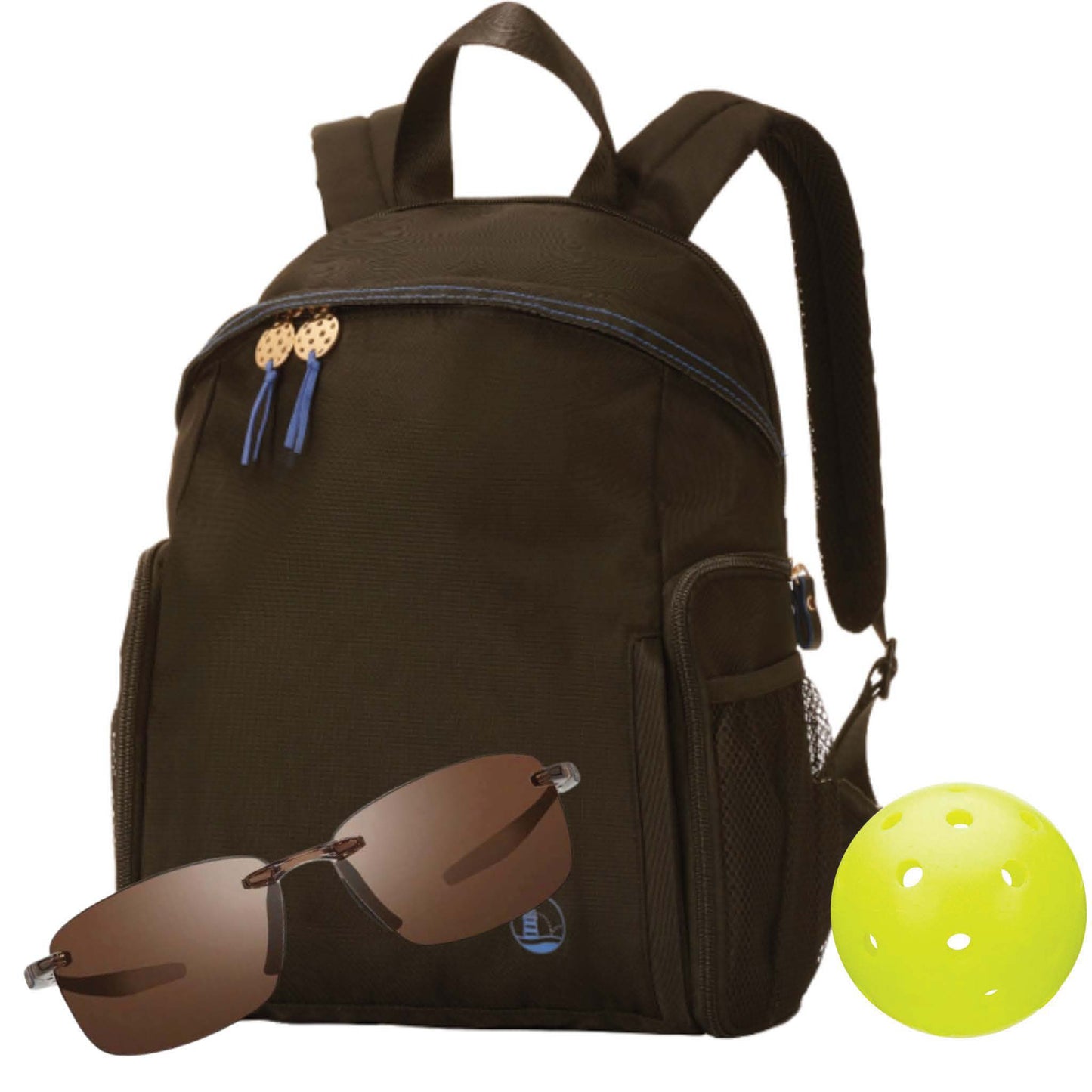 Black sport backpack with brown frameless siunglasses and pickleball