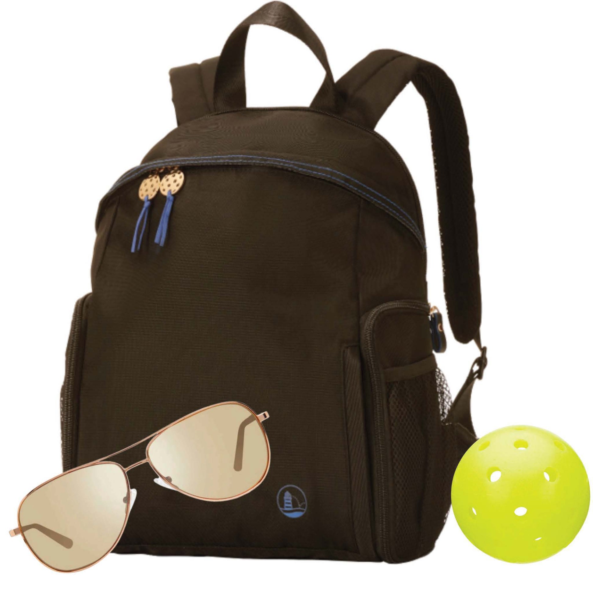 Black sport backpack with gold aviator sunglasses and pickleball