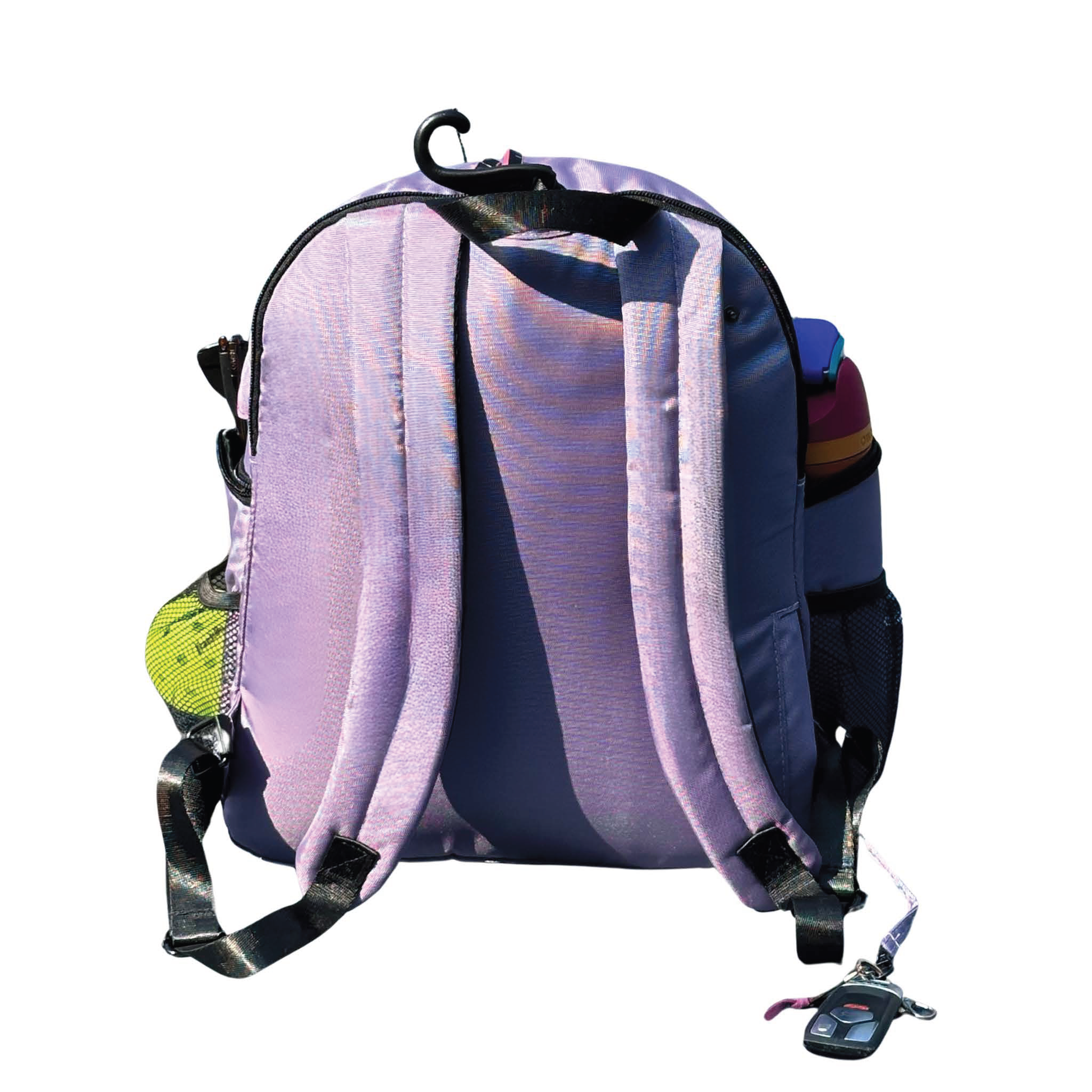 A stylish lavender grey sports backpack featuring a fence hook, key pocket, and mesh pockets for balls and a water bottle.