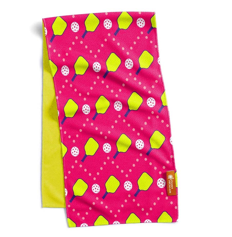 Cooling towel with Pink/yellow/white Pickleball paddle and ball design on front, solid yellow on reverse side. Polyester moisture wicking towel
