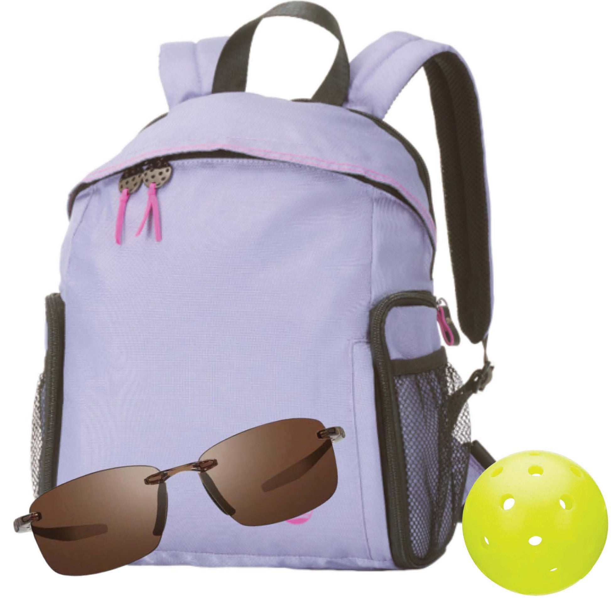 Lavender sport backpack with brown frameless sunglasses and pickleball