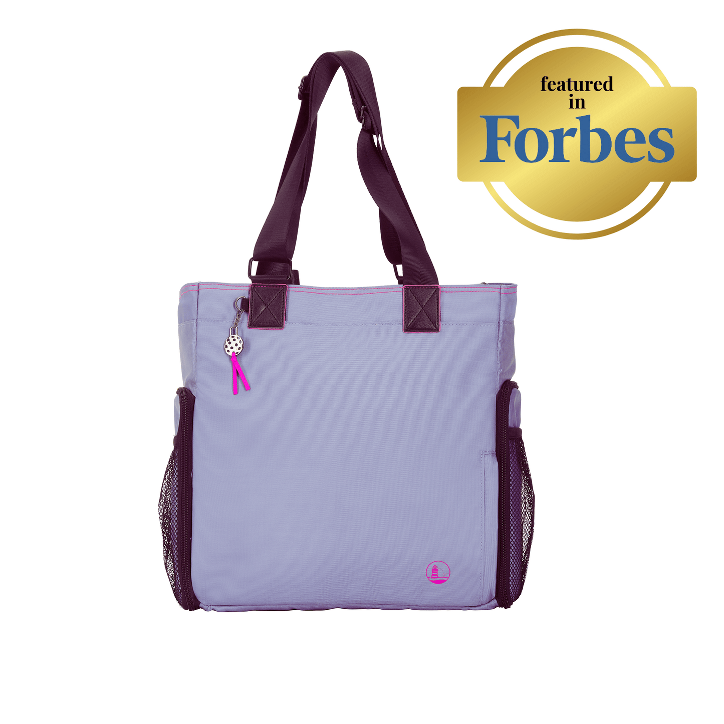 Women’s Lavender designer Pickleball Tote showing "featured in Forbes" patch