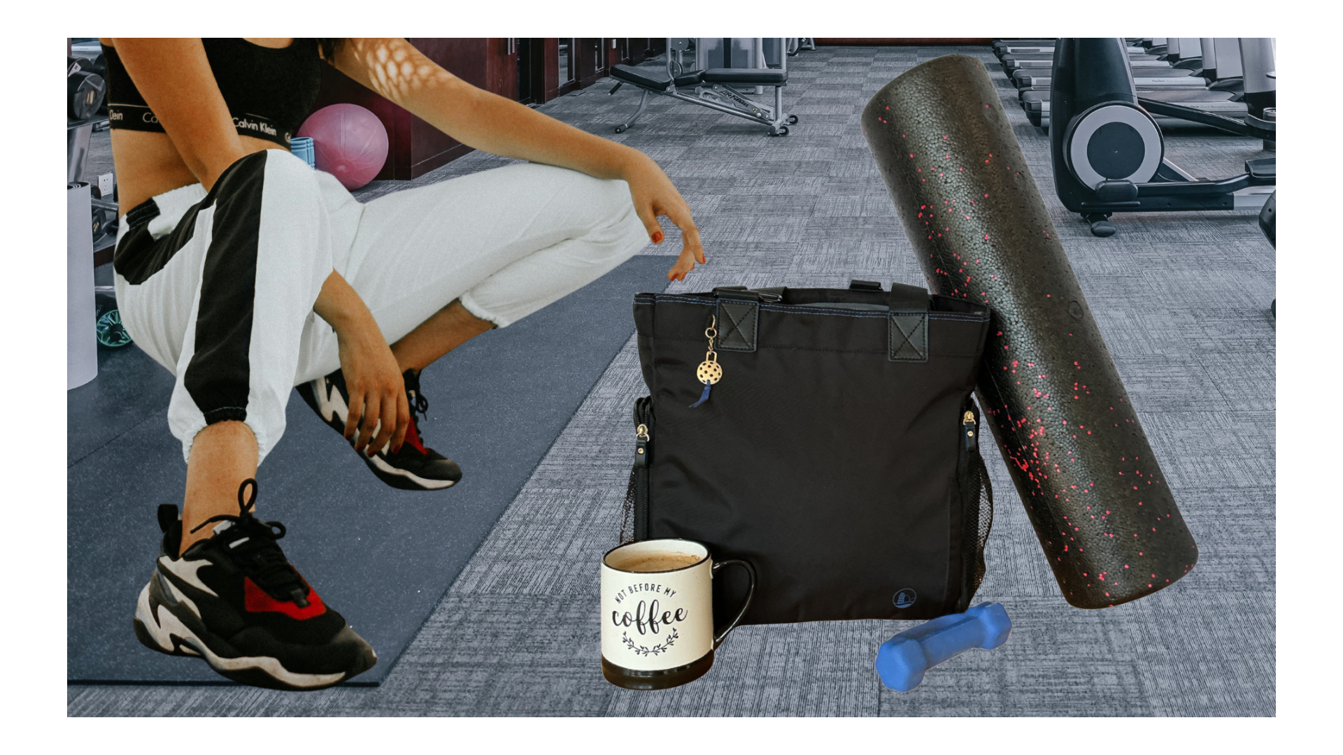 Person stretching on a mat with gym equipment and coffee cup in foreground