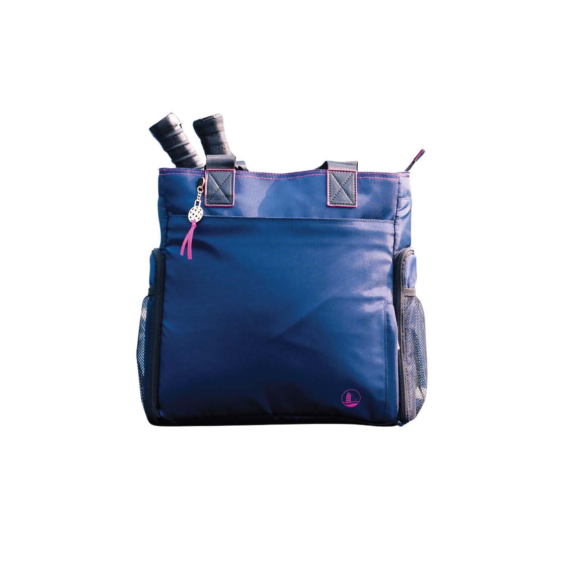 A stylish navy tote bag equipped with two pickleball paddles, ideal for players seeking practicality and performance.