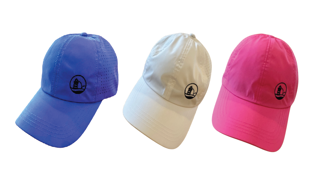 Three baseball caps in blue, white, and pink with a logo on a white background