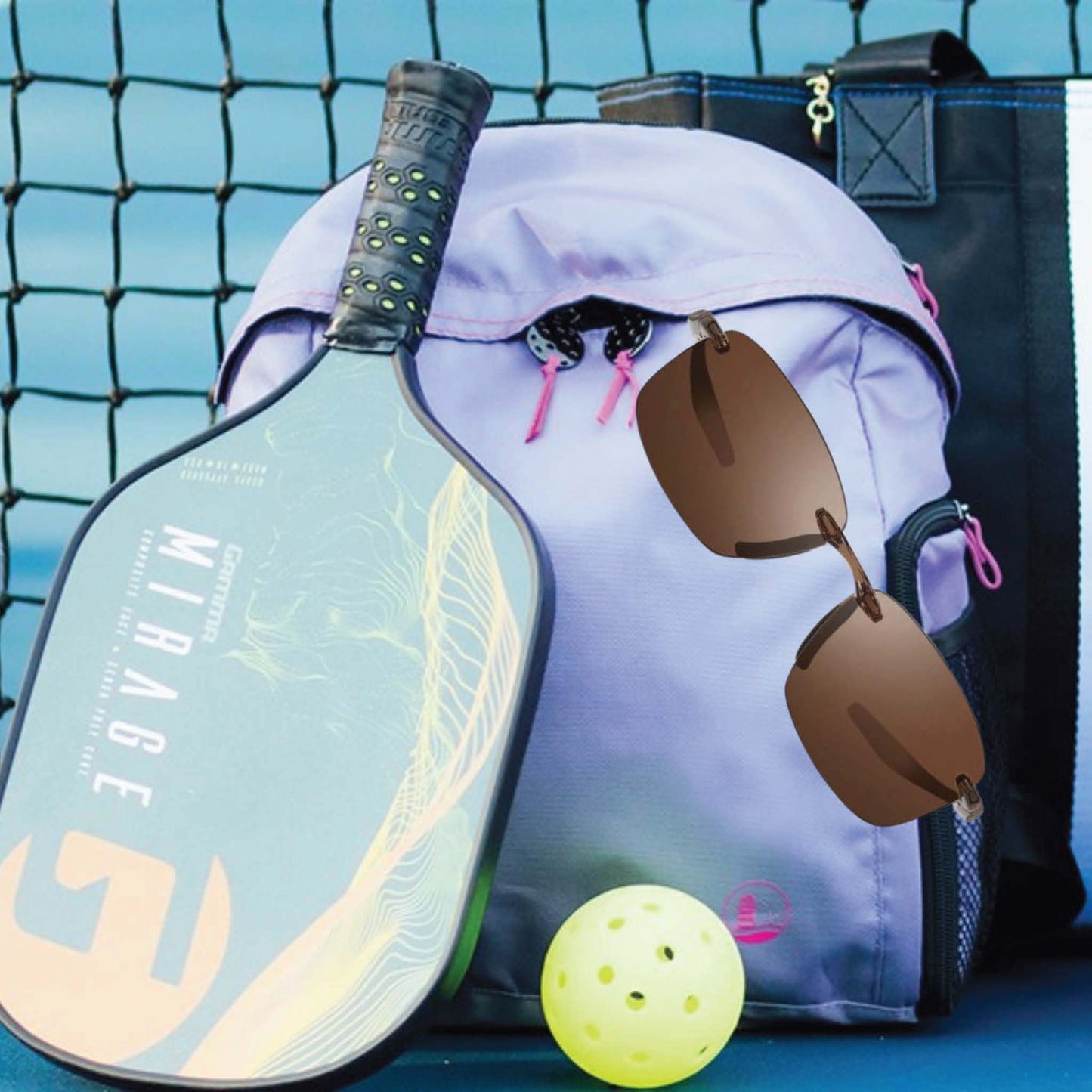 Lavender Backpack, Sunglasses, Pickleball and Paddle propped against a net