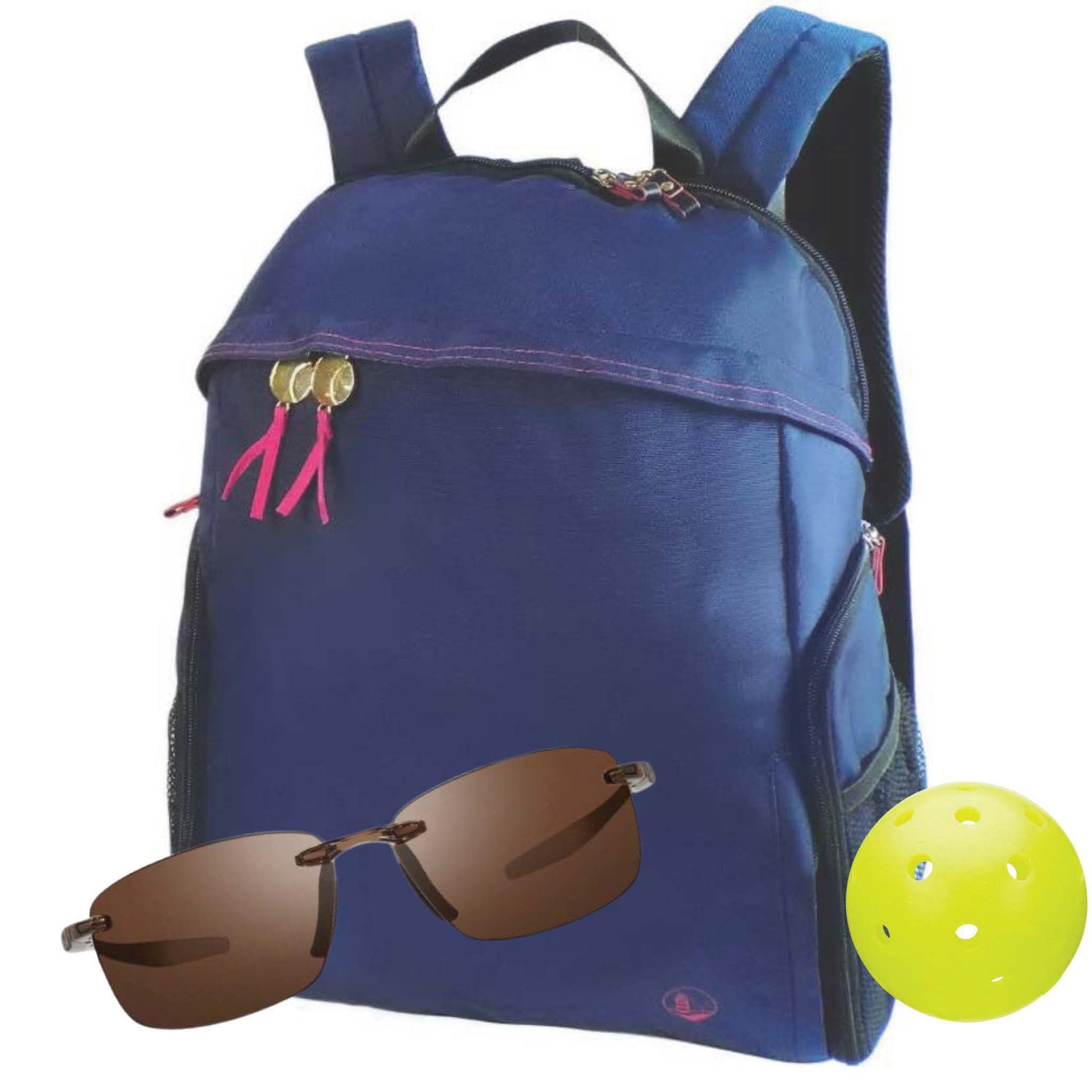 Navy sport backpack with brown frameless siunglasses and pickleball