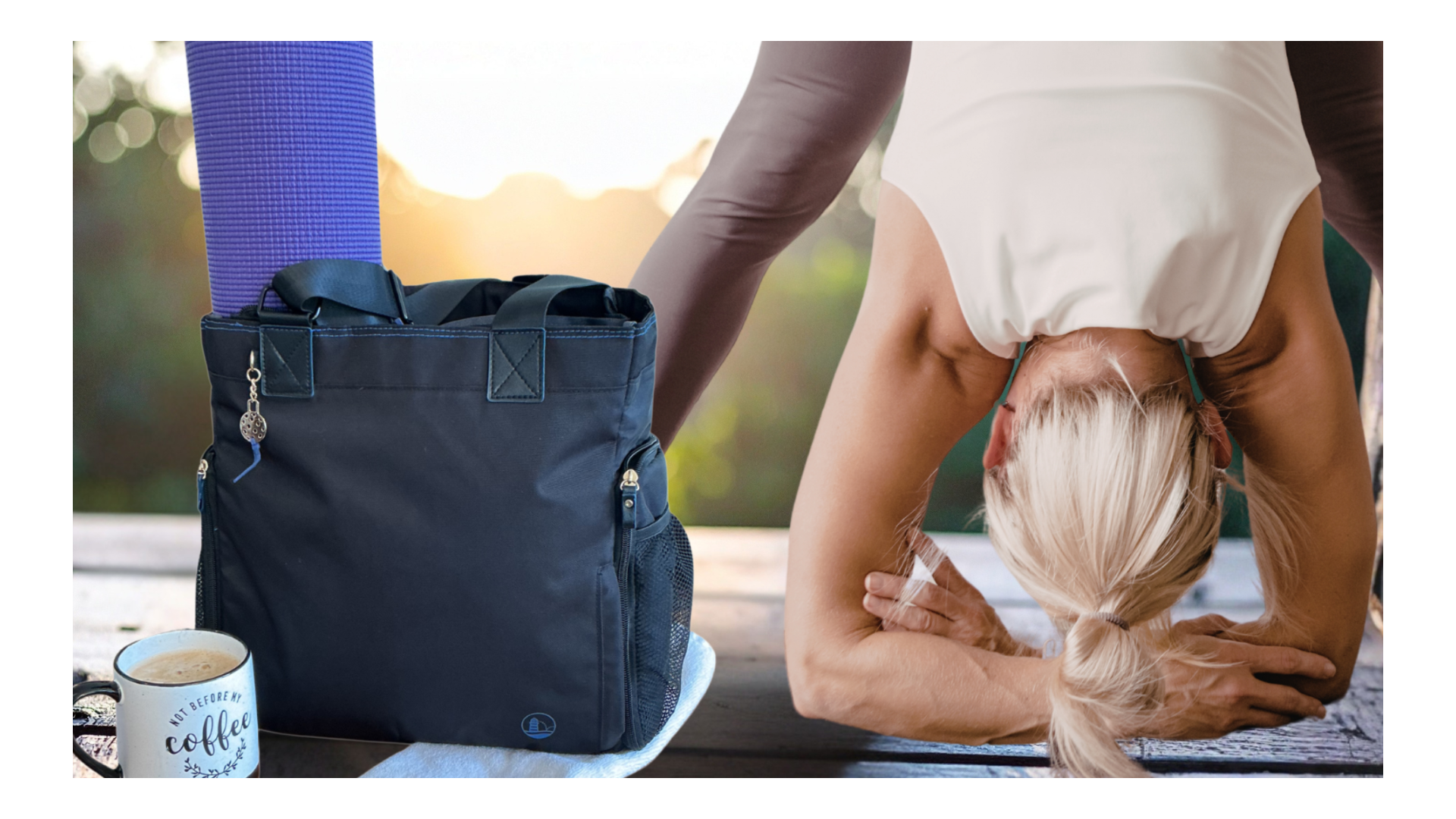 Person doing a handstand with a yoga mat and bag on a table outdoors.