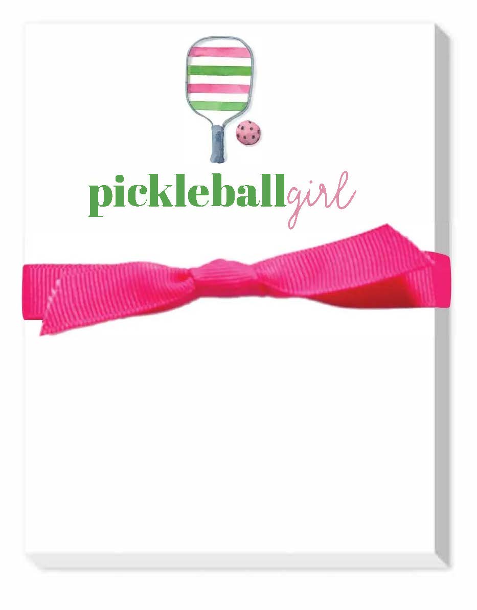 Paper Notepad with Pickleball Girl and logo printed across top. Bound with pink grosgrain ribbon.