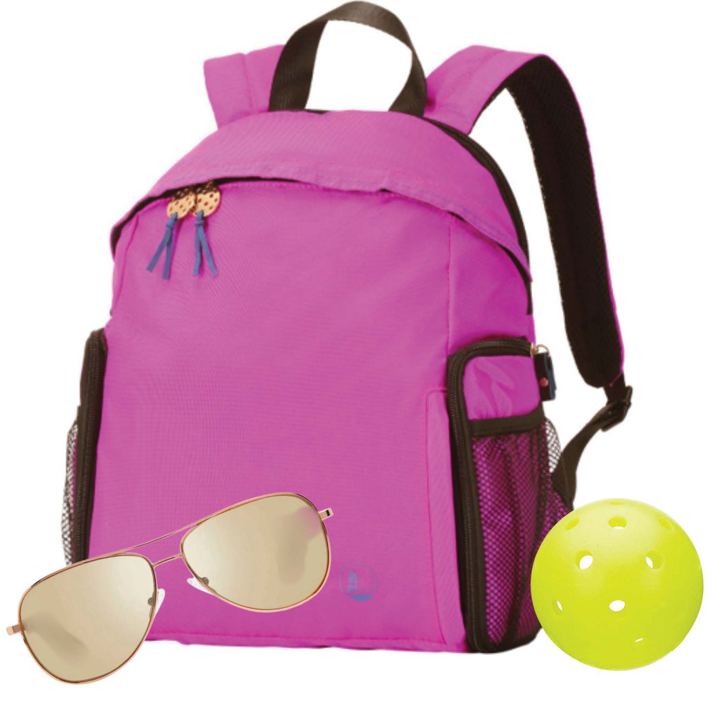 Pink sport backpack with gold aviator sunglasses and pickleball