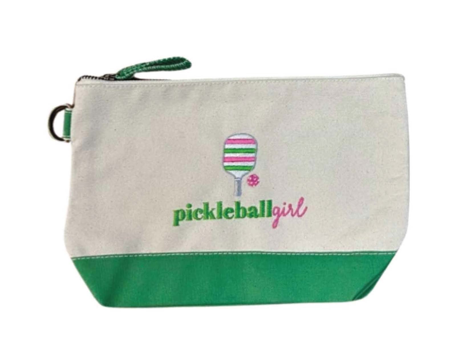 Cotton canvas zippered accessories bag in white with green base and Pickleball Girl embroidered with paddle and pickleball