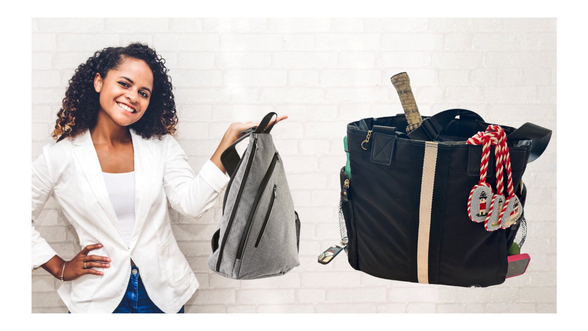 Woman holding a backpack next to a large black bag with a white stripe on a light background