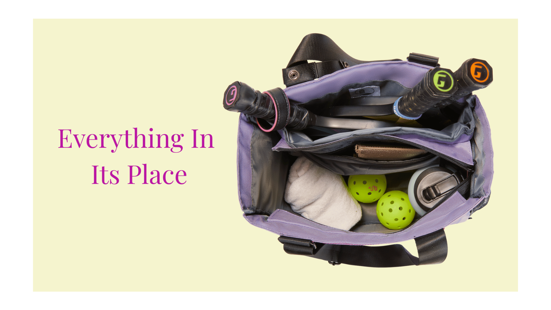 Purple helmet with various items inside on a beige background