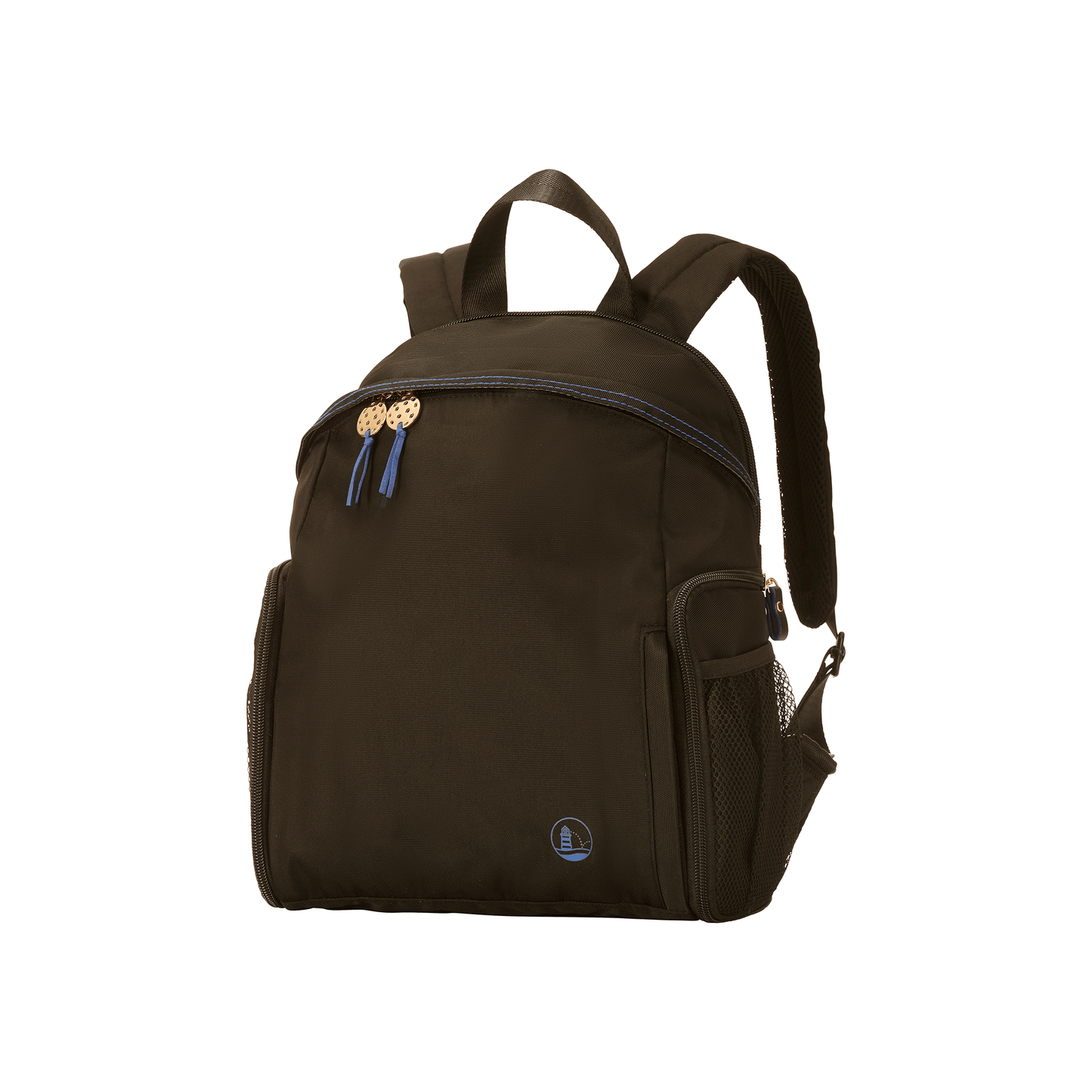 Women's designer Pickleball Backpack in black with peri blue stitching & logo, elegant gold tone PB charm & zipper pulls