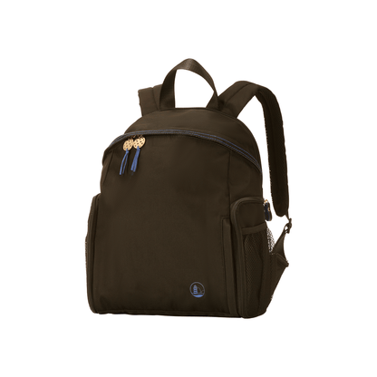 Women's designer Pickleball Backpack in black with peri blue stitching & logo, elegant gold tone PB charm & zipper pulls