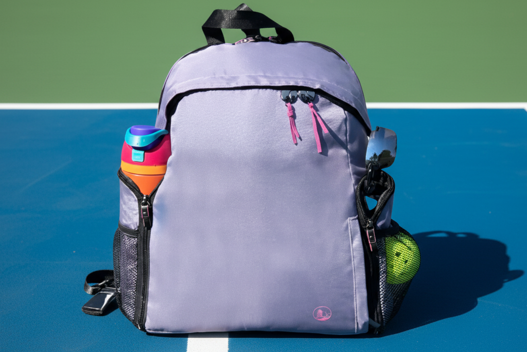 Gray backpack with sports equipment on a tennis court