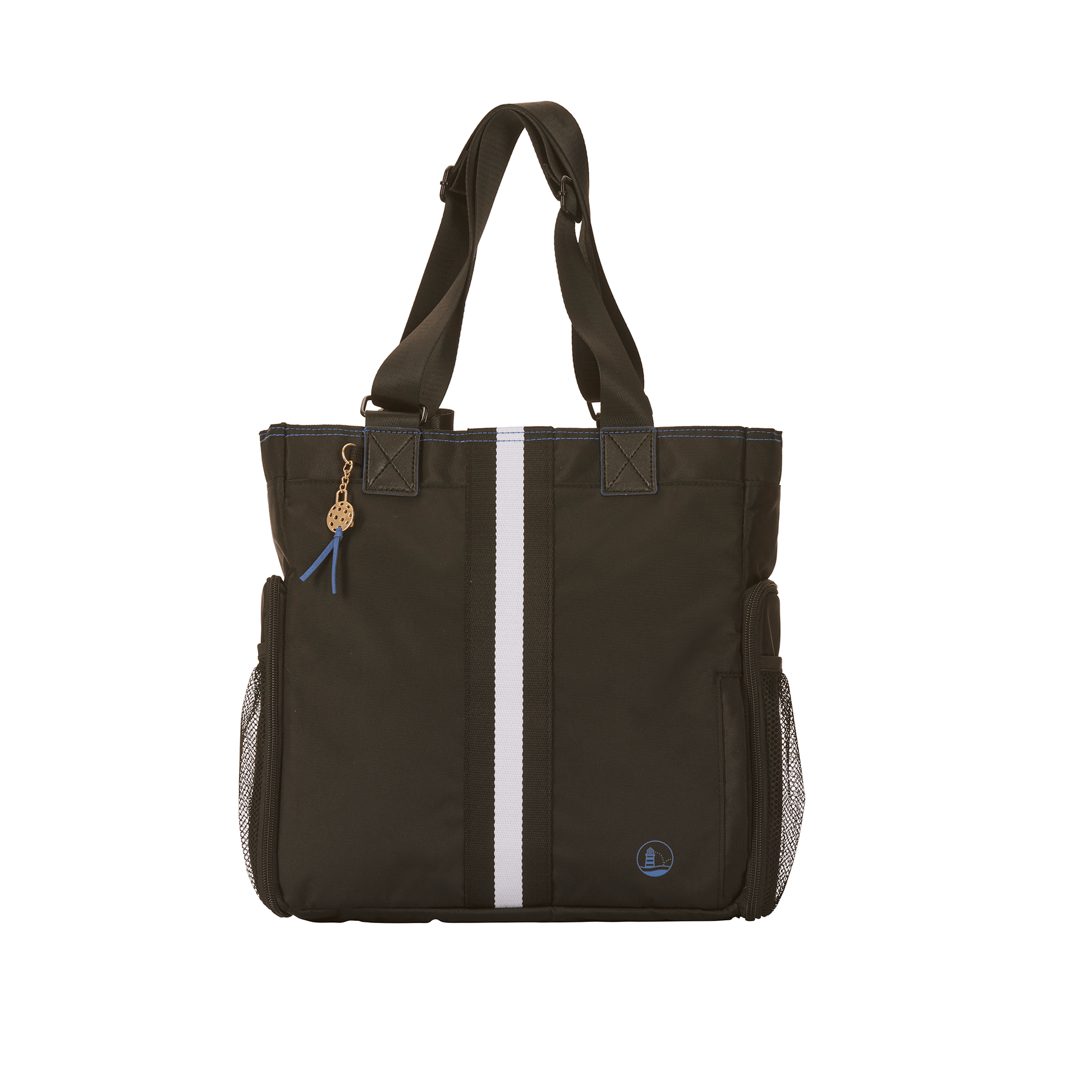 Women’s black designer Pickleball Tote with blk/white vert stripe, peri blue stitching & logo, elegant gold tone PB charm & zipper pulls