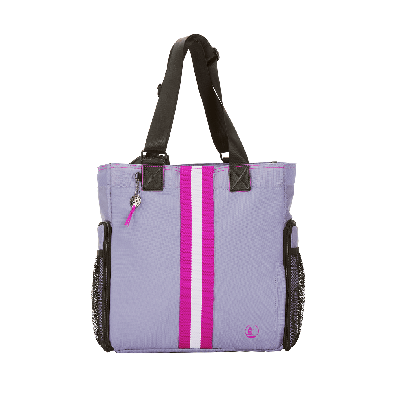 Women’s Designer Pickleball Tote in lavender with pink/white stripe and gunmetal cast pickleball charm and zipper pulls, mesh pockets for balls and water bottle