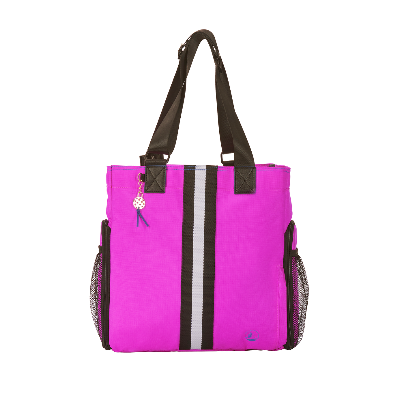 Women’s Pink designer Pickleball Tote with blk/white vert stripe, peri blue stitching & logo, elegant gold tone PB charm & zipper pulls