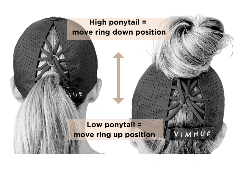 Two views of different ways to wear your ponytail through VIMHUE baseball cap designed to fit women's hat and hair styles.