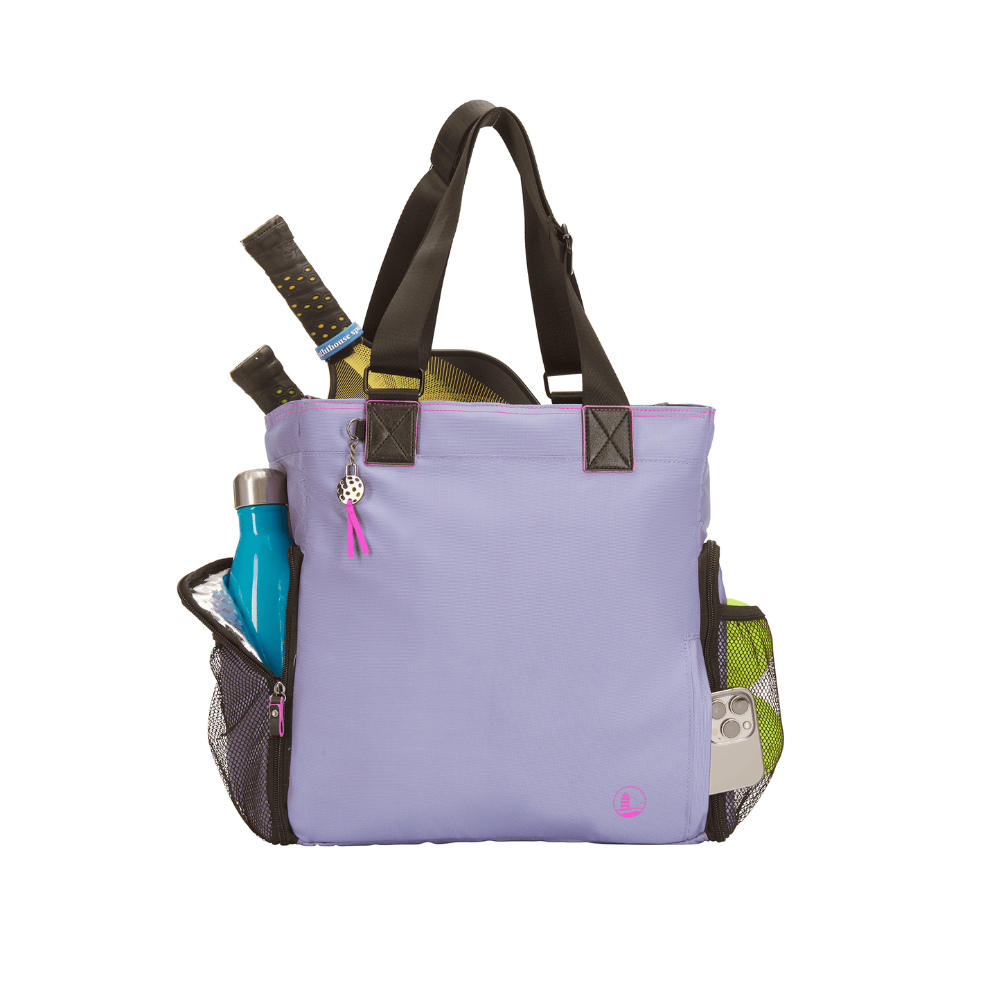 Women’s designer pickleball tote carries all your playtime essentials - paddles, water bottle, balls, phone pocket and metal pickleball charm