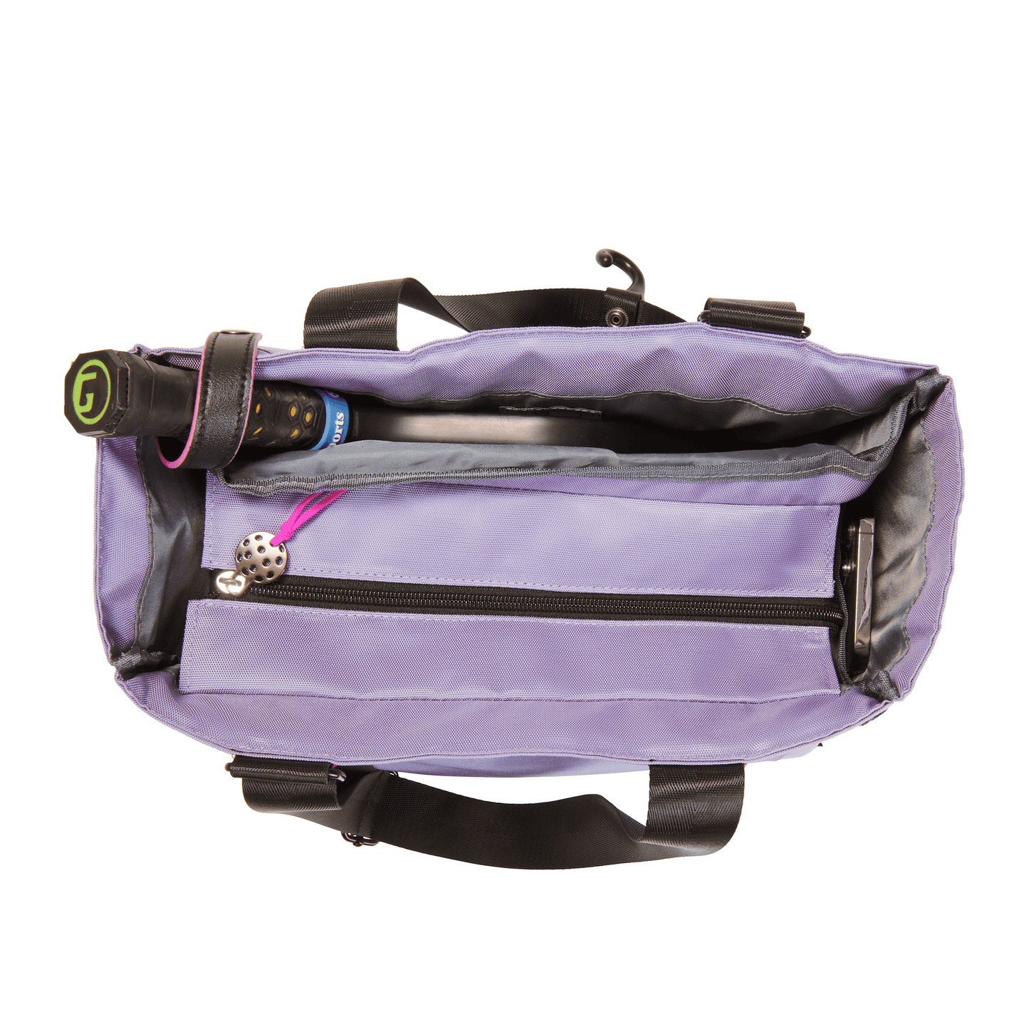 Overhead view of lavender zippered women’s designer pickleball tote with essentials safe inside, paddle in 2nd pocket 