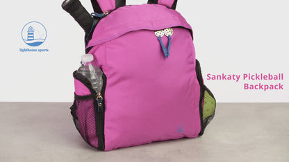 video of Sankaty women's designer pickleball backpack, fully loaded with functionality