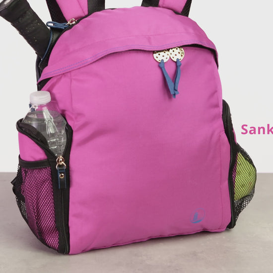 video of Sankaty women's designer pickleball backpack, fully loaded with functionality