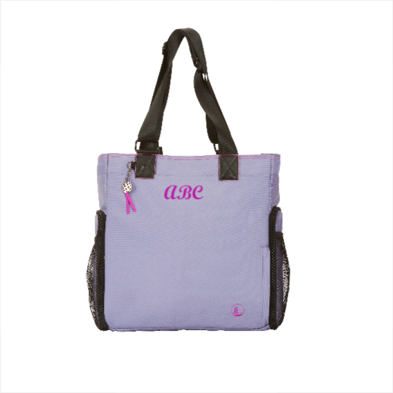 Women’s Lavender designer Pickleball tote personalized with three embroidered initials, pink stitching & logo, gunmetal pb charm & zipper pulls