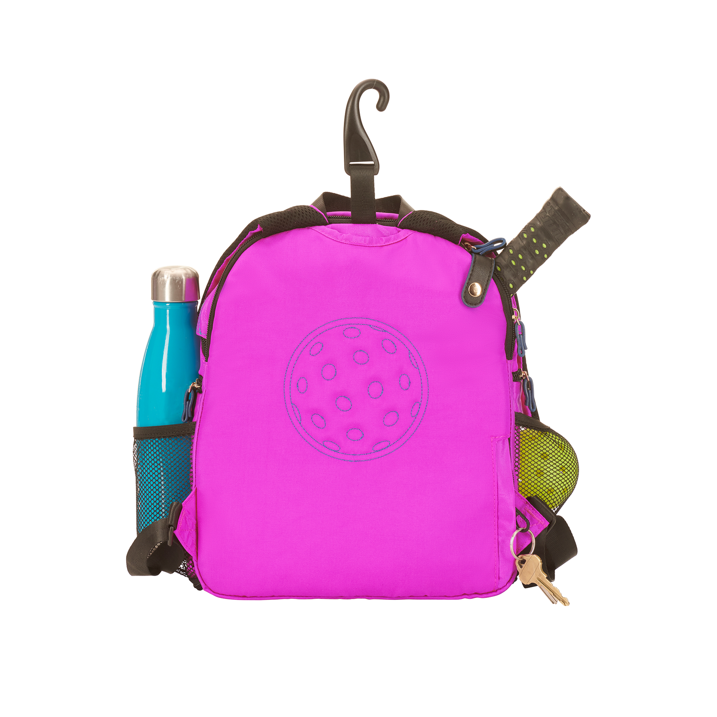 Back view Sankaty Women's designer Pickleball backpack; embroidered pickleball, fence hanger, key pocket with leash