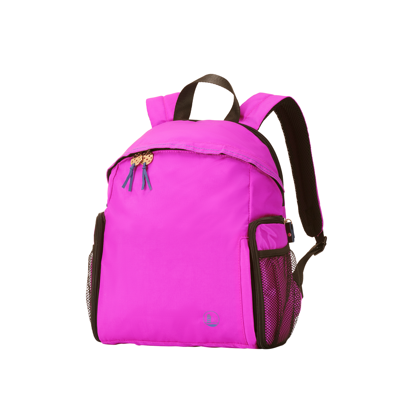 Women's designer Pickleball Backpack in pink with peri blue stitching & logo, elegant gold tone PB charm & zipper pulls