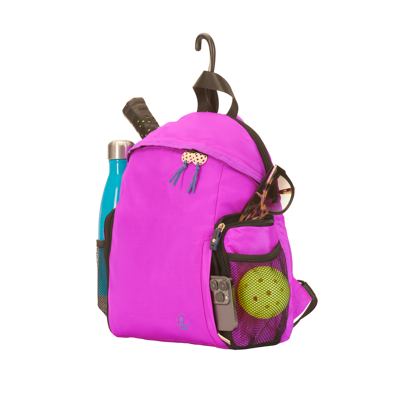 Side view of women's designer pickleball backpack, pockets for sunglasses, phone, balls and water bottle, fence hanger