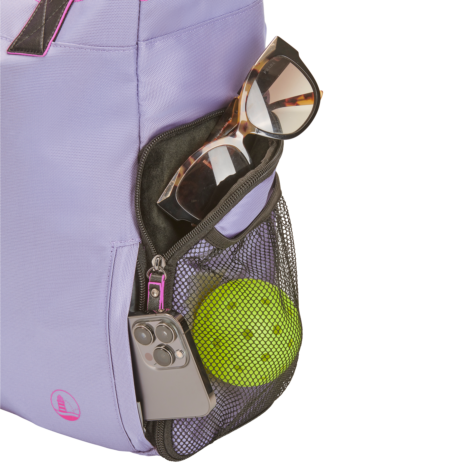 Women’s designer Pickleball Tote showing felt-lined pocket for sunglasses, zipper pocket for phone, and mesh pocket for balls