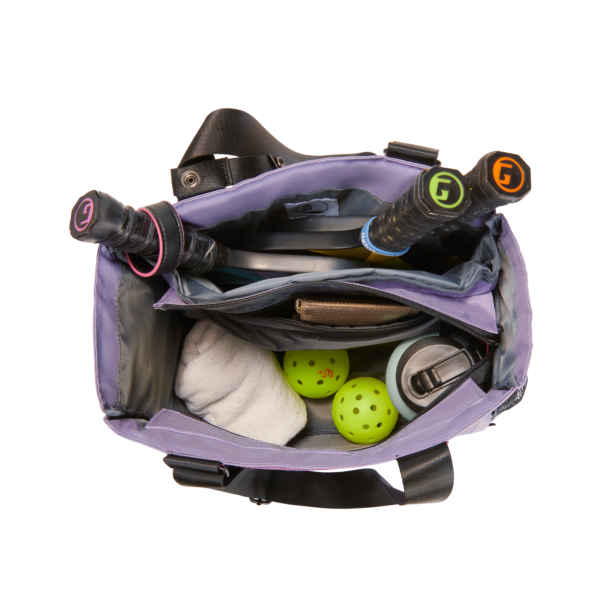 Overhead view of women’s designer pickleball tote packed with game essentials – paddles, towel, balls, water bottle, phone 
