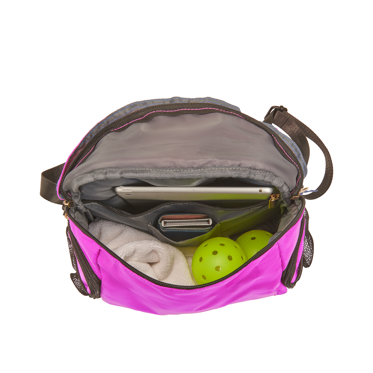 Top view of women’s designer Pickleball Backpack with front pocket for towels, ipad, extra balls, jacket, wallet and essentials